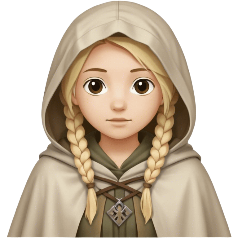 girl with blond braids wearing a tunic and a cloak with a hood over her shoulders holding a white square of canvas, medieval age emoji