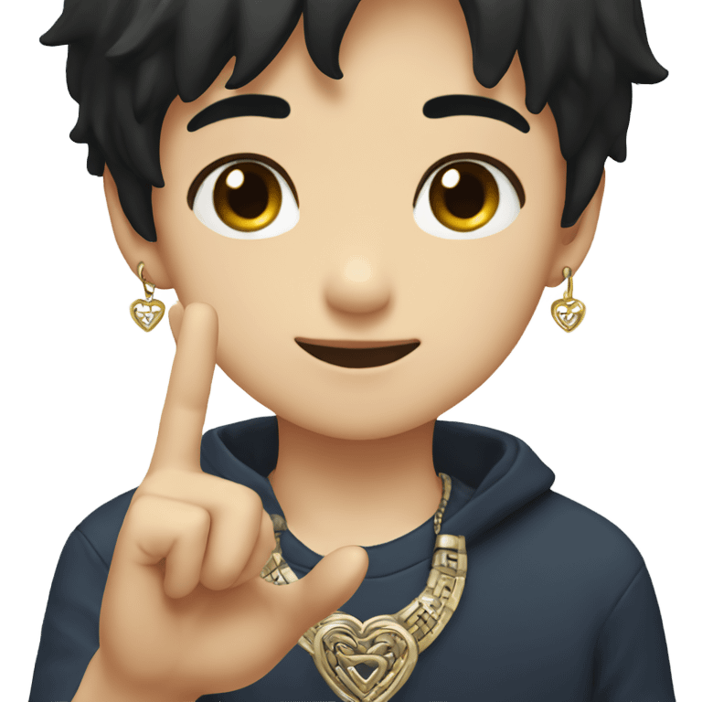 boy with black hair jewelry doing korean heart sign emoji