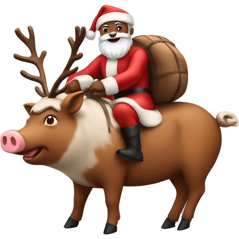 Brown Santa riding a reindeer pig emoji