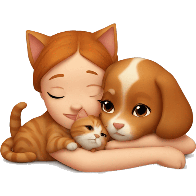 Small cute Ginger cat cuddling cute brown girl puppy emoji