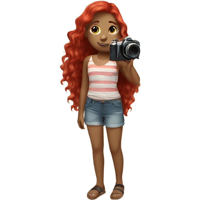 girl with red hair with a camera on the beach emoji