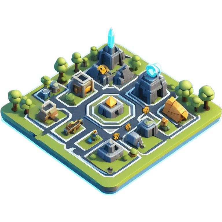 Clash of Clans aesthetic: Cinematic Playful 3D Isometric Holographic Map Emoji, rendered in a 3D vector-style similar to standard emojis with minimal shading and bold, simplified shapes. A compact, distinct form with signature details, softly glowing with a futuristic sci-fi warfare charm. Simplified yet unmistakably iconic, highly detailed and consistent, glowing with a soft radiance and high shine. Stylized with a touch of high-tech brilliance and a soft glowing outline, capturing the essence of a beloved gaming relic with a friendly, playful manner! emoji