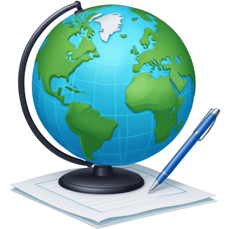 Create an emoji representing language translation. The design should feature a single globe in the background, symbolizing international communication. In front of the globe, place two books or sheets of paper, with a pen nearby to indicate the act of writing. Use a clean and professional color palette with blues, greens, and neutral tones. Do not include any emojis or smiley faces. Make the background transparent emoji