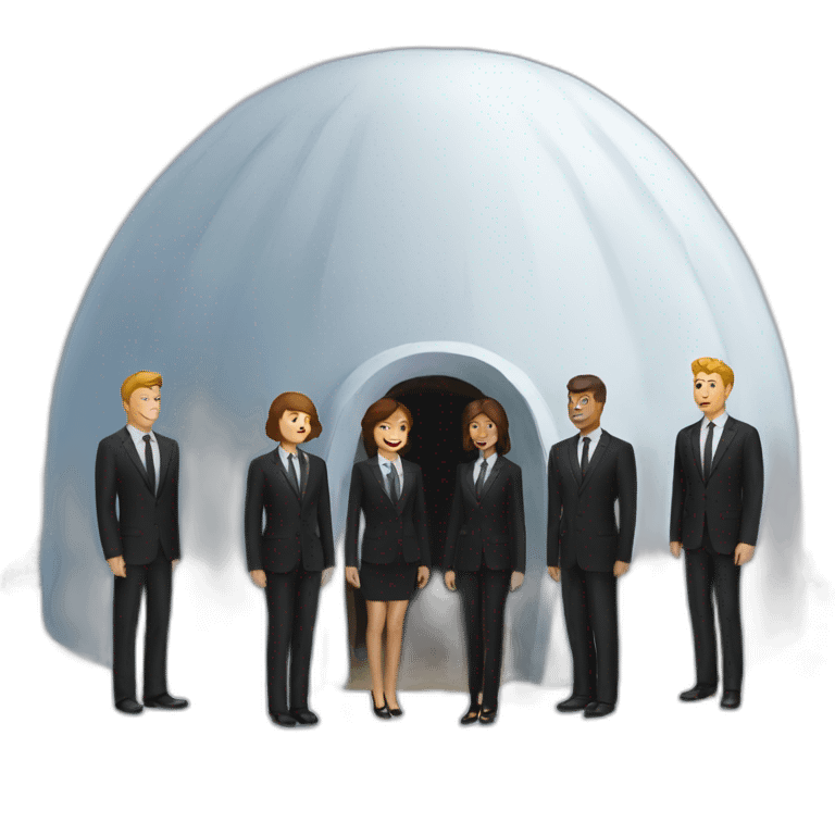 people standing outside of igloo in black suit emoji