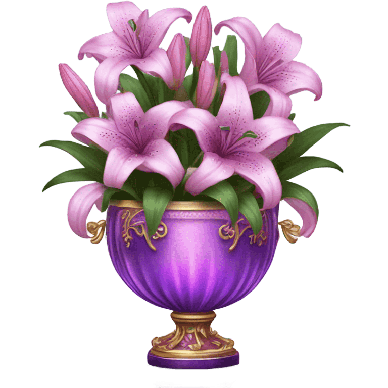 A luxurious bouquet of violet lilies in an ornate Pink crystal vase, placed on an antique wooden table with soft candlelight reflecting off its petals. emoji