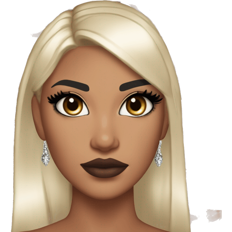 Alexa Demie euphoria sho: warm brown eyes, bold black sharp eyeliner, sparkly rhinestones on eyes, dark arched brows, full nude-berry lips, light skin, high cheekbones, sleek dark brown long straight hair in ponytail.

 emoji