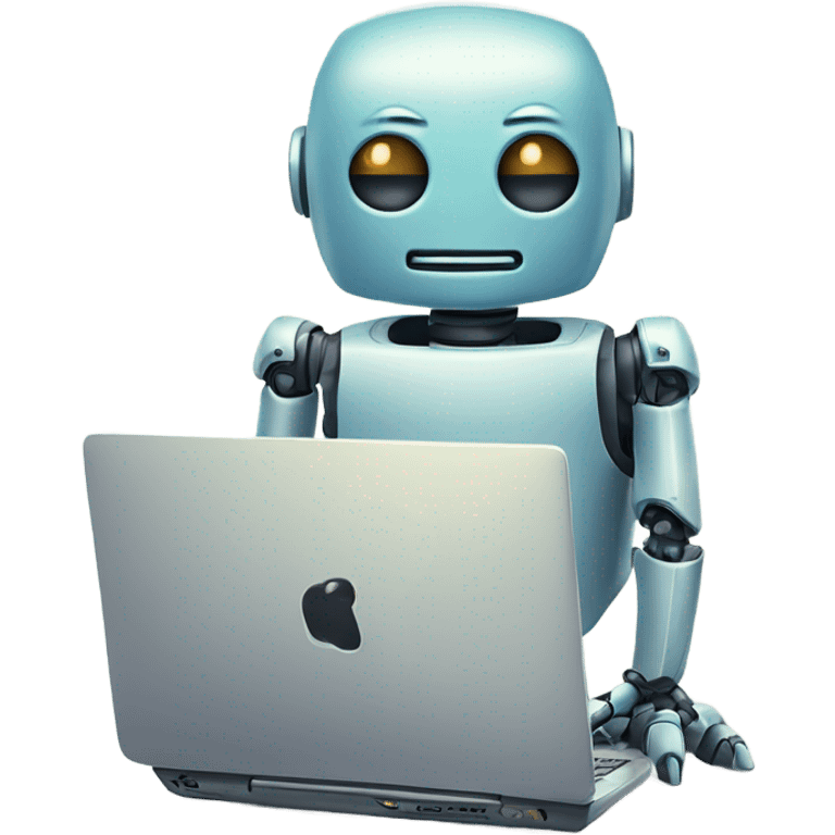 Cute robot behind computer writing code emoji