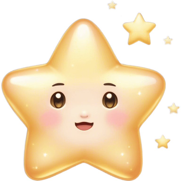 Cinematic cute sparkling star, chubby rounded edges, golden glow, tiny blushing cheeks, warm and gentle shine, twinkling softly in a pastel night sky. emoji