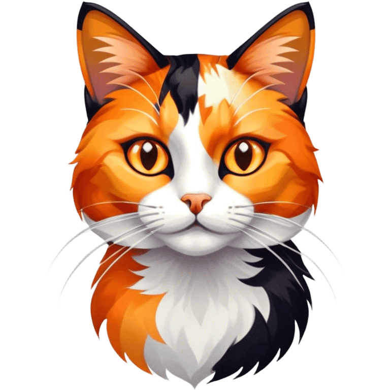 Cinematic Noble Calico Cat Portrait Emoji, Poised and regal, with a striking patchwork fur in vibrant orange, black, and white hues, delicate whiskers and a refined, focused gaze, simplified yet exquisitely detailed, glowing with a soft, moonlit radiance and an air of aristocratic elegance, high shine, exuding dignified intelligence and poised authority, soft glowing outline, capturing the essence of a watchful and noble calico cat that appears ready to grace the screen with effortless majesty! emoji