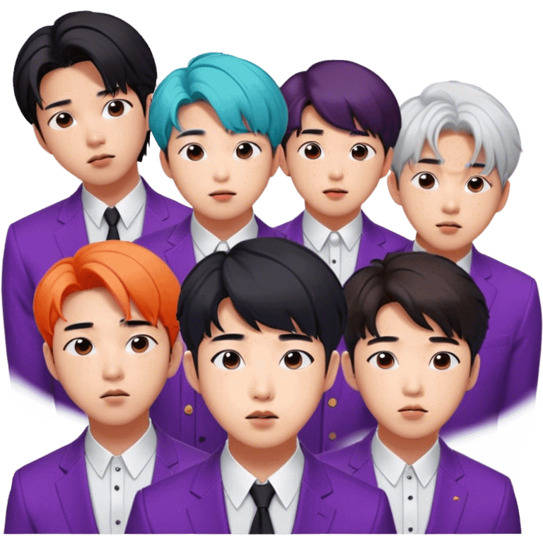 Cinematic Realistic group portrait of BTS featuring all 7 members in stylish modern attire, with detailed facial expressions and vibrant colors, captured in dynamic, contemporary lighting that emphasizes their global pop icon status emoji