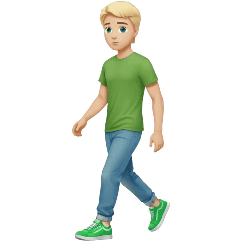 A cinematic realistic blond man with blue eyes, dressed in wide jeans, a green T-shirt and sneakers, is walking emoji