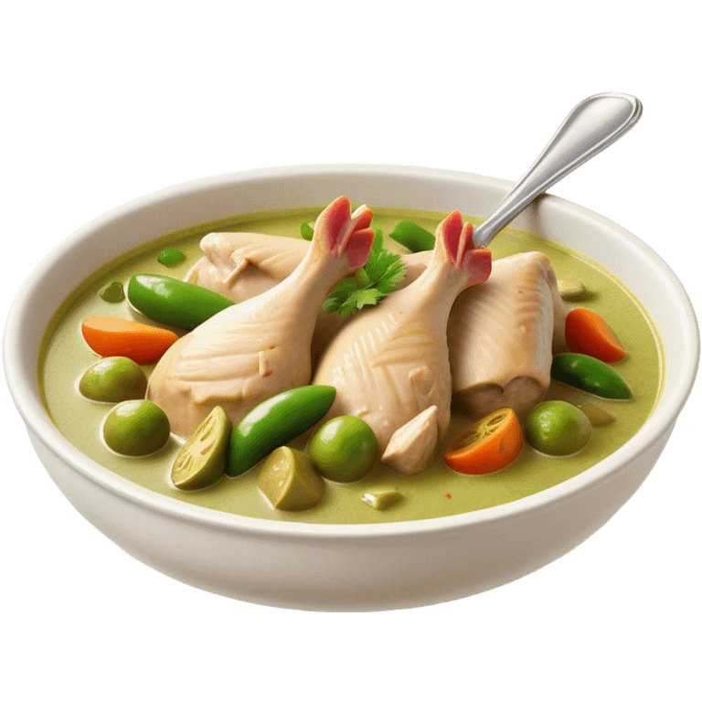 Cinematic Realistic Green Chicken Curry Dish Emoji, depicted with tender chicken simmered in a fragrant green curry sauce with vegetables rendered with rich textures and dynamic, vibrant lighting. emoji