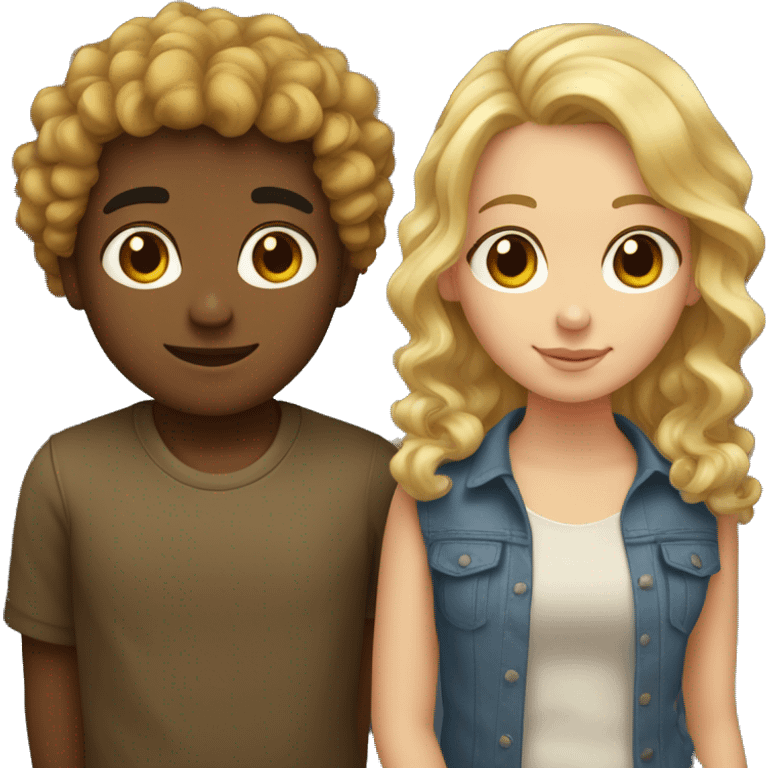 Brownhead boy with curls with blond girl with waves couple hugs emoji