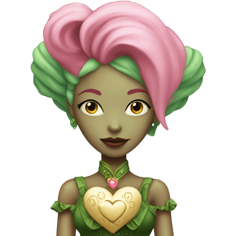 a green amazon alien woman in Victorian white gold, pink hair full body,holdig red big hearth emoji