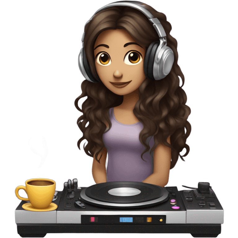 Fairy with long dark brown wavy hair dj-ing and drinking tea  emoji