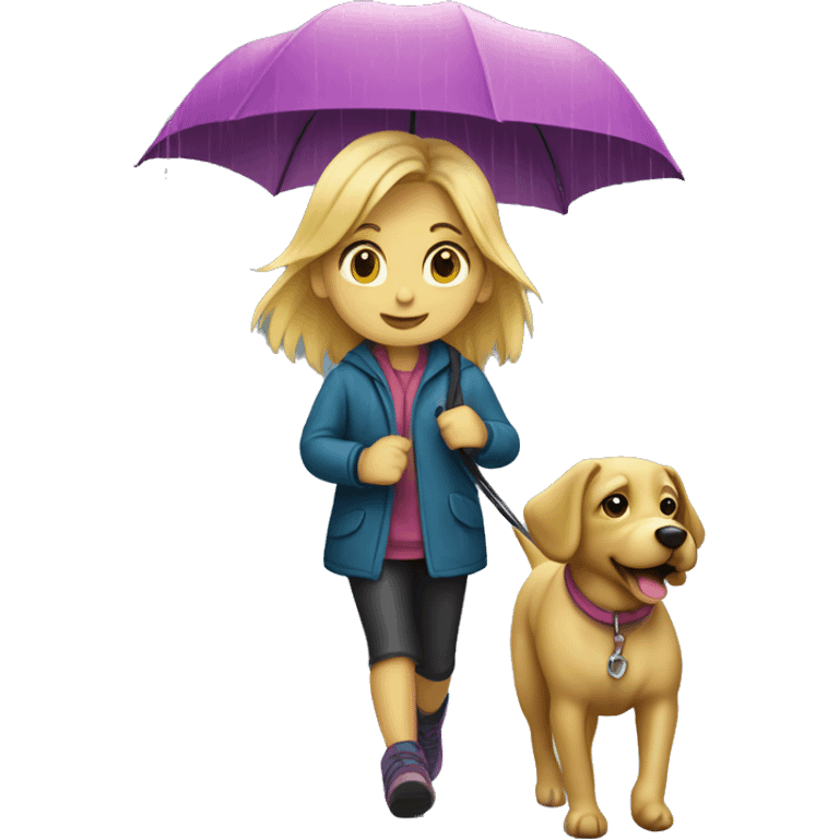 Blond girl walking a dog in the rain  emoji