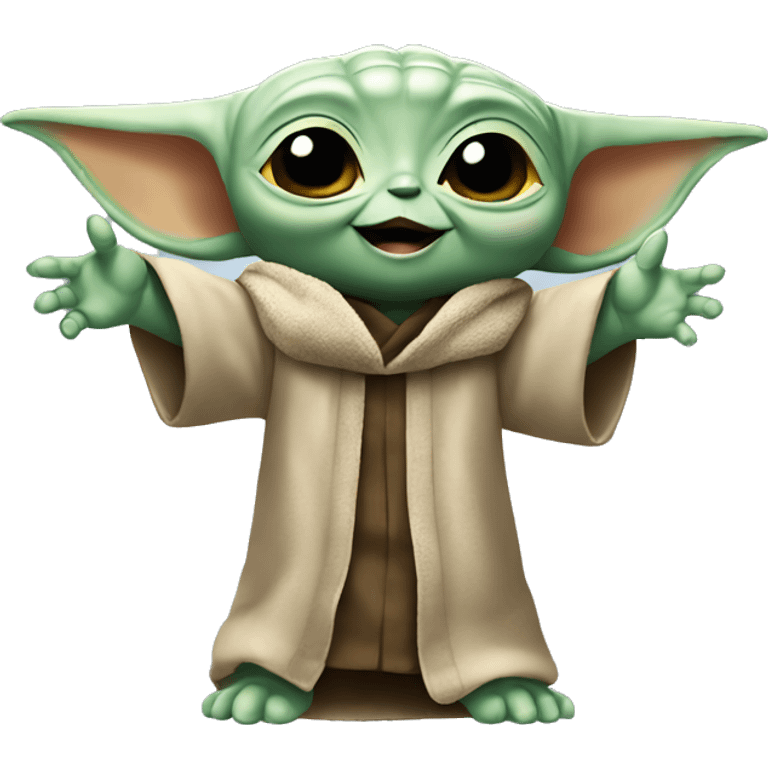 Baby Yoda smiling with arms raised in Victory emoji