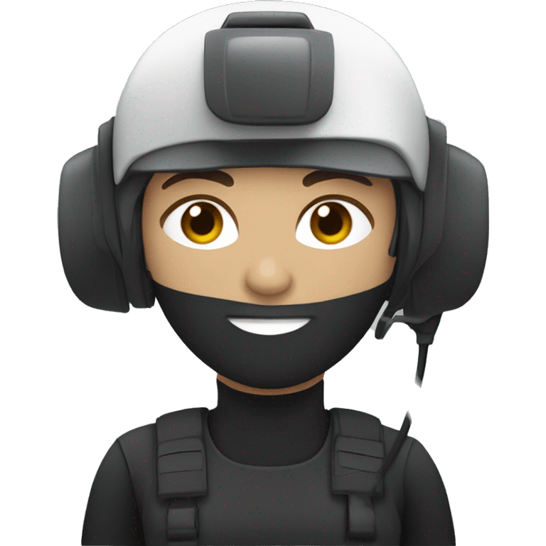 operator dressed in black with a milatary helmet, without glasses, wearing a headset, ready to respond to alerts, preferably female white emoji