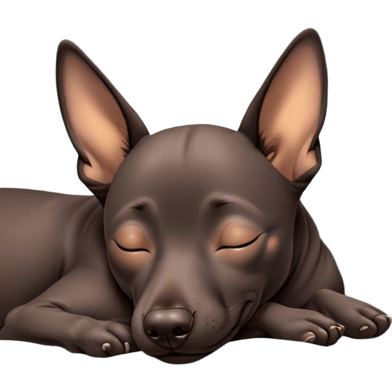 Meme-Worthy Cute Sleeping Xoloitzcuintle dog Portrait Emoji, Head resting peacefully with a contented smile, showcasing a sleek, muscular build with smooth, hairless ebony skin and gently relaxed wrinkles, eyes shut in a serene nap, Simplified yet hilariously adorable features, highly detailed, glowing with a soft, drowsy light, high shine, relaxed and utterly lovable, stylized with an air of playful laziness, bright and heartwarming, soft glowing outline, capturing the essence of a comically sleepy guardian, so meme-worthy it feels like it could instantly become the next viral sensation of adorable slumber! emoji