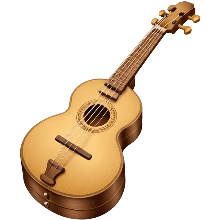 Create an elegant and traditional emoji representing a domra. The design should feature the round, wooden body of the domra with its distinct three or four strings. Include delicate details like the tuning pegs, the fingerboard, and the bridge. The wood of the domra should have a rich, warm tone, and the strings should be subtly highlighted to show their importance. Add a small musical note or two floating around to evoke the folk music it is used for. Use earthy tones like brown and gold to emphasize its classic, rustic feel. The background should be transparent. emoji