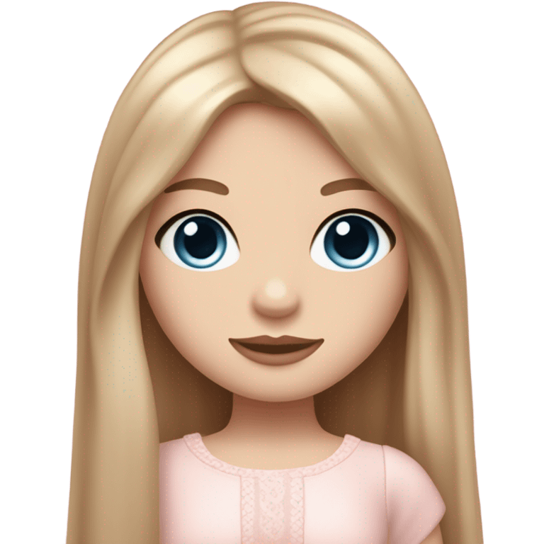 pale girl , who has straight, slightly wavy long brown caramel hair with long curtain  ,blue eyes , and doll like makeup , in a light pink cutesy outfit   emoji