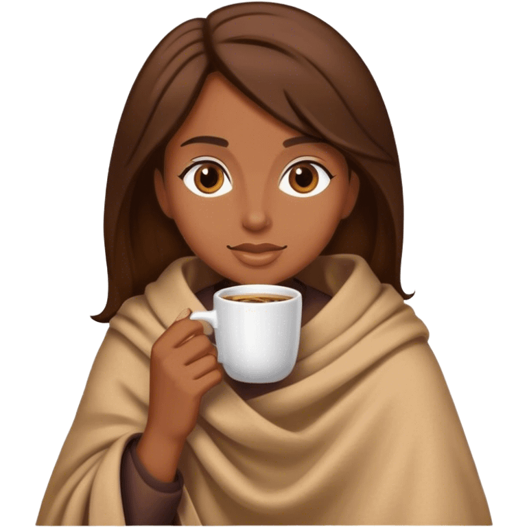 Brown hair lady wearing light brown blanket drinking coffee  emoji