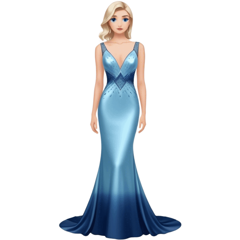 caucasian woman, in long slim pastel blue formal party satin dress with gradient shiny sparkling navy blue diamonds embroidered, full body full figure emoji