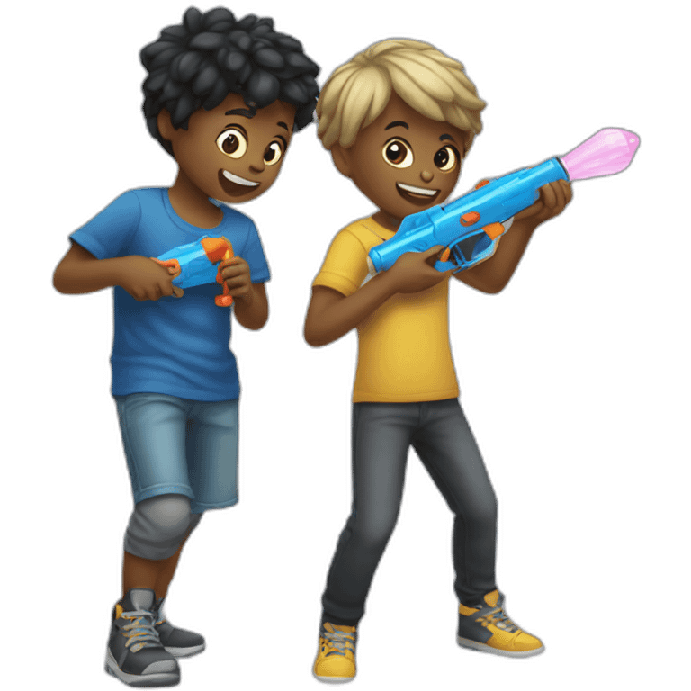 two kids playing with metal watergun emoji