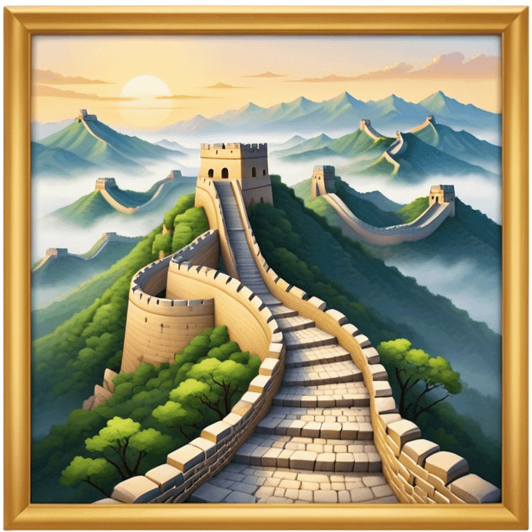 Cinematic Realistic Great Wall of China Landmark Emoji, depicted with ancient stone pathways winding over rugged mountains, watchtowers punctuating the misty landscape, and soft golden sunlight casting dramatic shadows. emoji