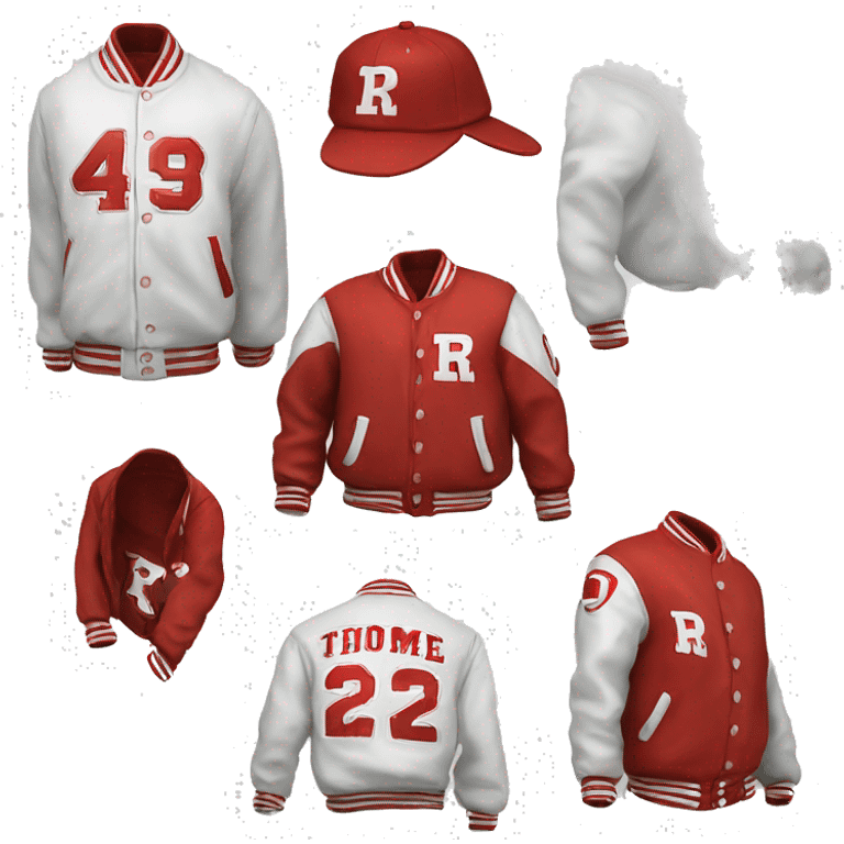 Red and white varsity jacket with a R emoji