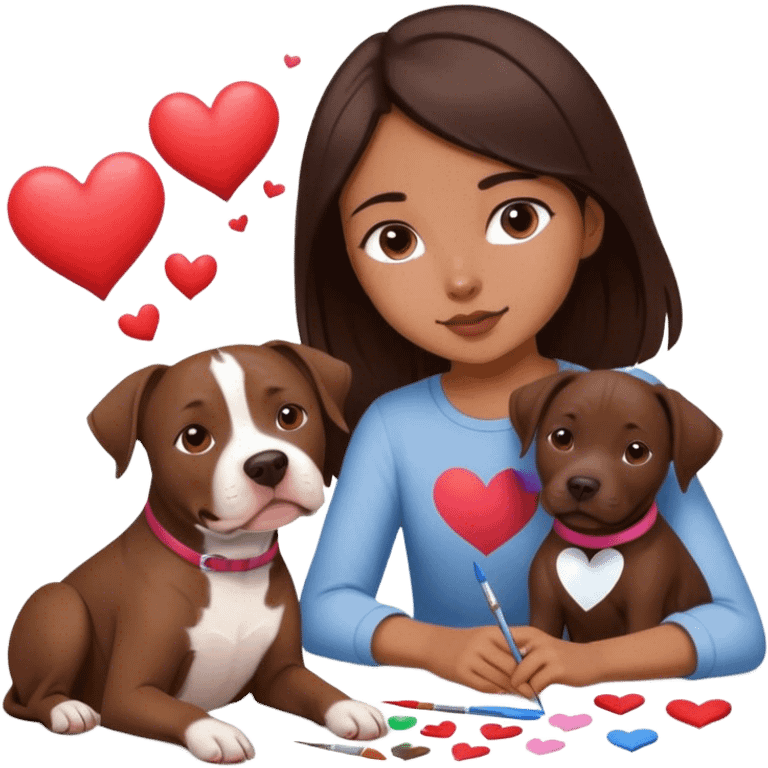 A 20 year old young girl with the dark brown hair sitting with her medium to dark brown dog, which is part maybe pitbull sitting beside of her while she paints him lovingly with hearts flying all around because she’s beautiful and she loves her dog emoji