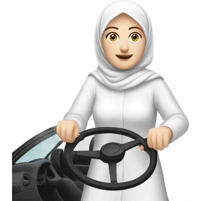 White skin, white hijabi women drives a car, steering wheel emoji