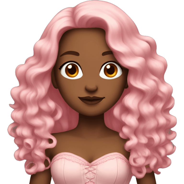 Woman with brown long wavy hair, light skin, pink corset, blush emoji