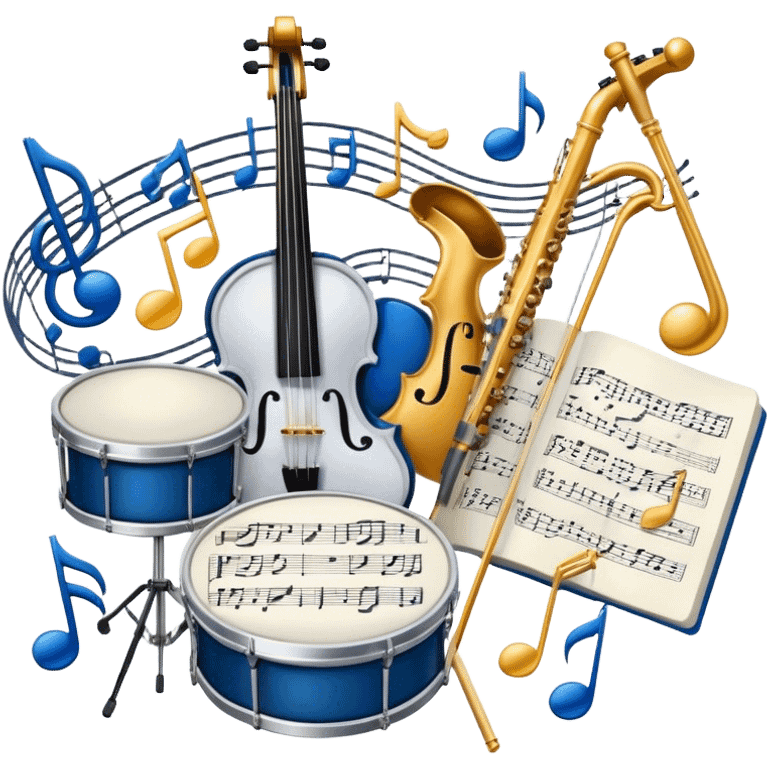 Create an artistic emoji that represents music arrangement and orchestration. The design should feature various orchestral instruments (drums, violin, electric guitar, synthesizer) and conductor's baton, musical scores. Incorporate flowing lines to represent harmony and orchestral balance, along with a subtle representation of sheet music. Use rich, classical colors like gold, silver, or deep blue, and create an atmosphere of sophistication and precision. The background should be transparent. emoji