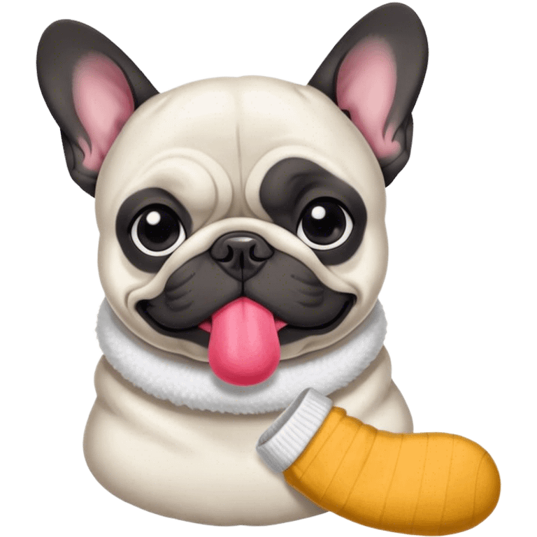 Black and white Bouledogue français eating a sock  emoji