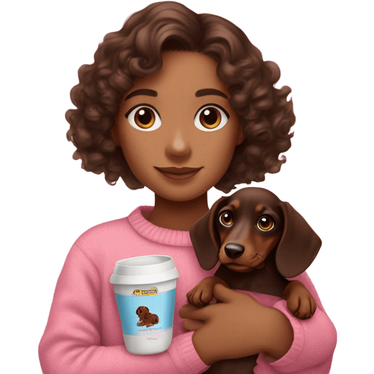 Brunette girl with medium curly hair in a pink sweater holds a dachshund chocolate and creams puppy in her arms emoji