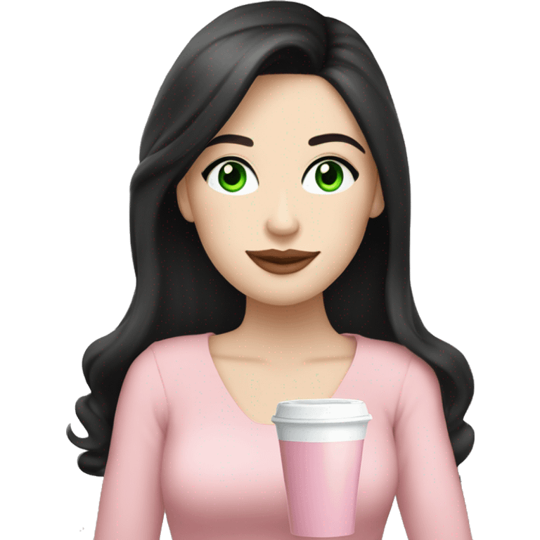 pretty woman with pale skin, very long black hair and green eyes and light pink outfit drinking a pink latte emoji