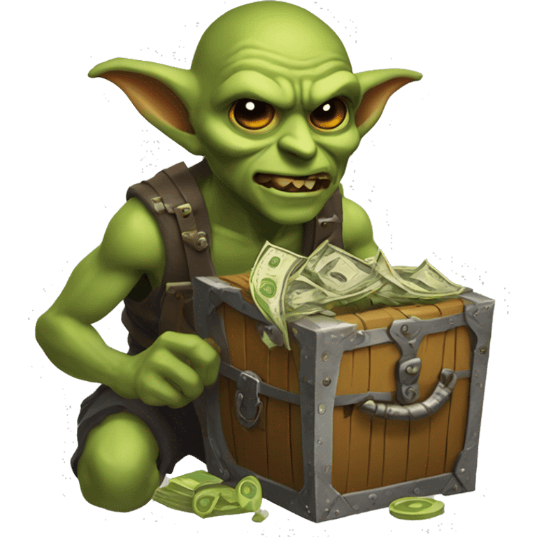 Loot goblin with dollar signs in eyes, with loot chest full of loot emoji