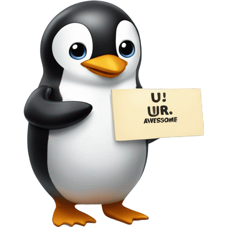 penguin holding a sign that says "u r awesome!" emoji