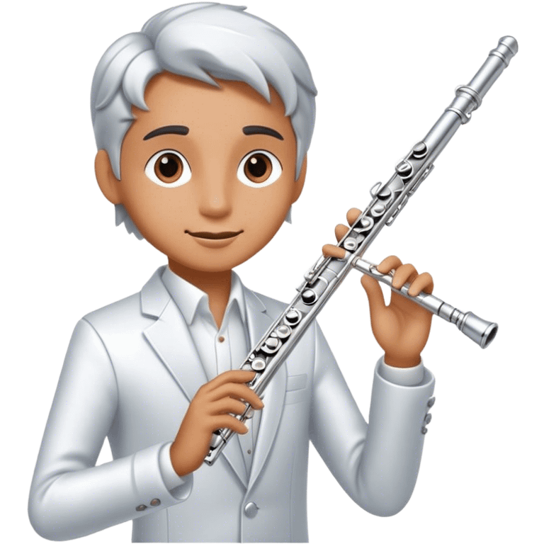 Cinematic Realistic Flute, polished silver metal with precise keywork, soft reflections of warm light dancing along its length, a musician’s delicate fingers pressing the keys, glowing with a sleek and elegant charm. emoji