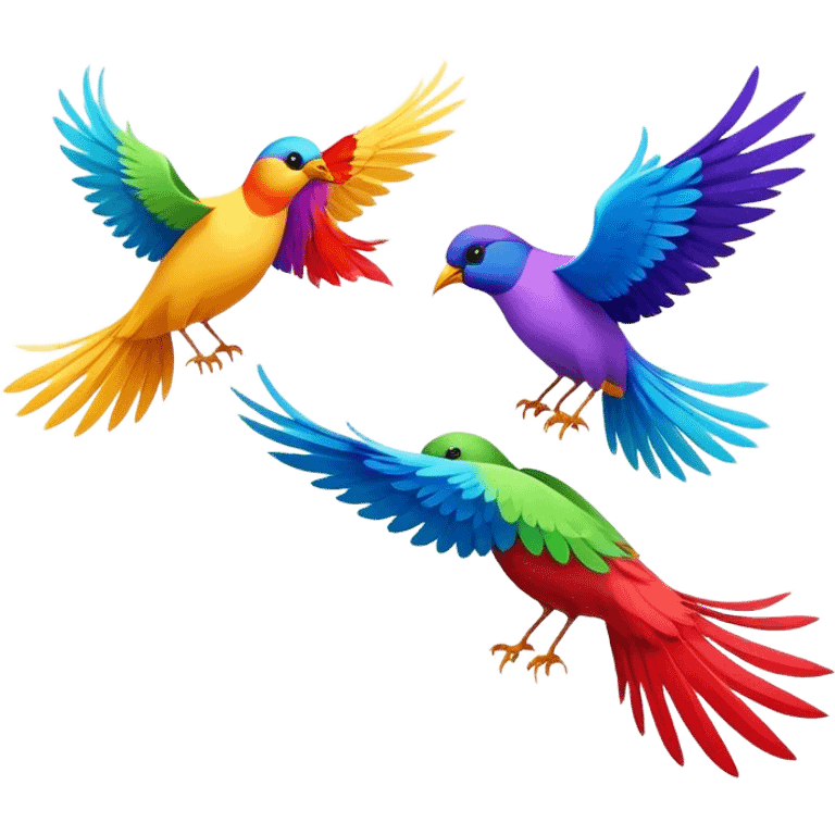 Three colorful birds flying together in the sky, each with vibrant feathers, wings spread wide, moving in harmony and creating a lively, joyful scene emoji