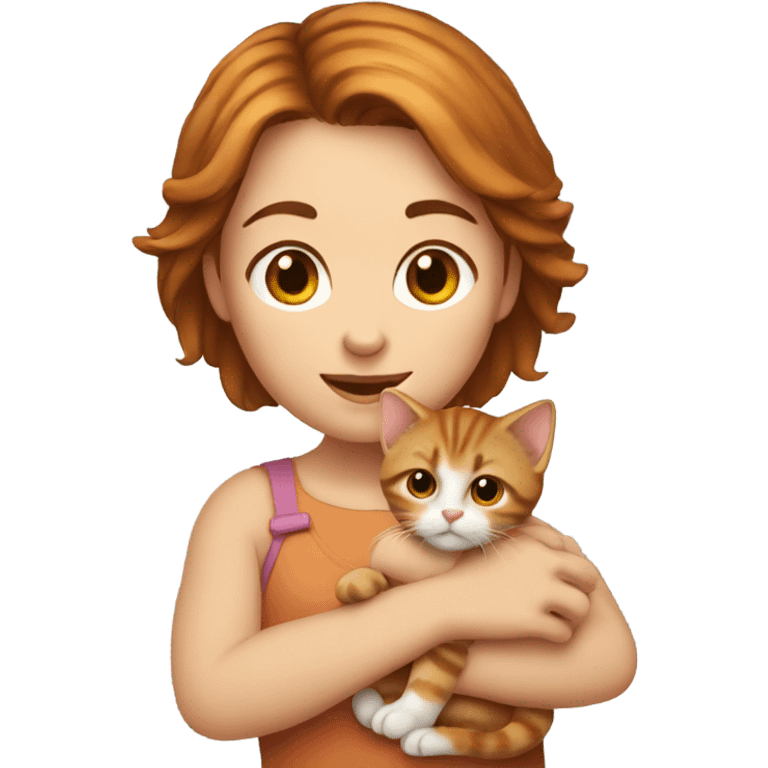 Girl with short brown hair holding tiny ginger kitten  emoji