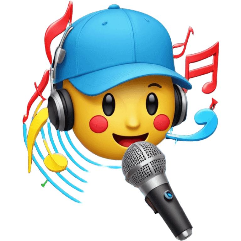 Create a dynamic and energetic emoji that represents beatboxing. The design should feature a microphone with a singing mouth and soundwaves or rhythmic beats emanating from it, symbolizing the vocal percussion and rhythm of beatboxing. Add a cap placed on top of the microphone to reflect street culture and the individuality of the performer. Include musical notes floating around to emphasize the musicality. Use bold, vibrant colors like neon blue, red, and yellow to convey energy and excitement. The background should be transparent emoji