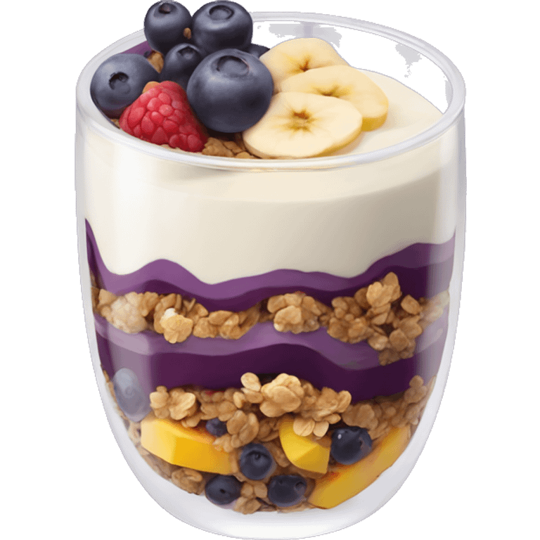 Açaí in a clear cup with layers of fruits and granola and condensed milk emoji