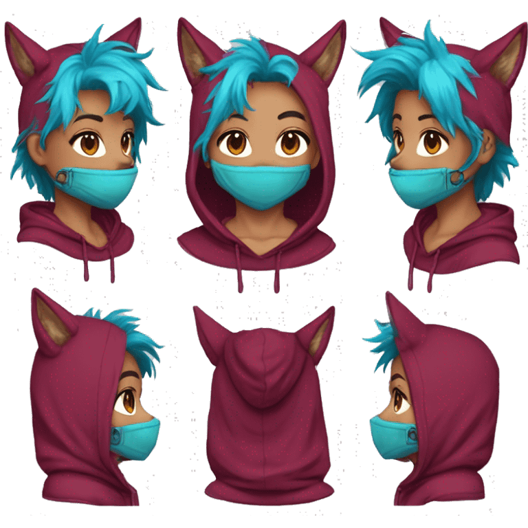 Deep pink maroon burgundy cyan dark hoodie fox coyote dyed hair and gold piercings nose piercing ear piercings coyote wearing hoodie emoji