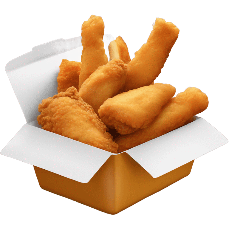 Fried chicken fingers with toast and fries in a styrofoam container emoji