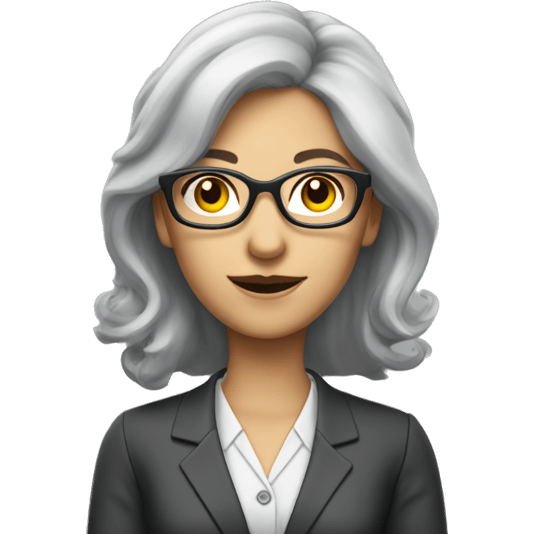 lady accountant with glasses and grey shoulder length hair with calculator emoji