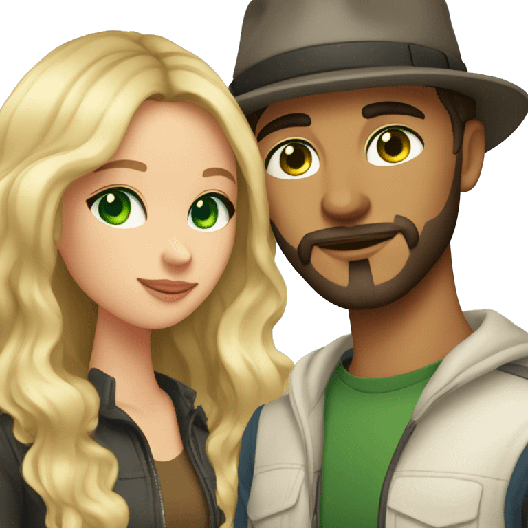 boyfriend and girlfriend. Boyfriend has wavy dark hair a beard and wears a hat with green eyes. Girlfriend has long balayage blonde hair and blue eyes.  emoji