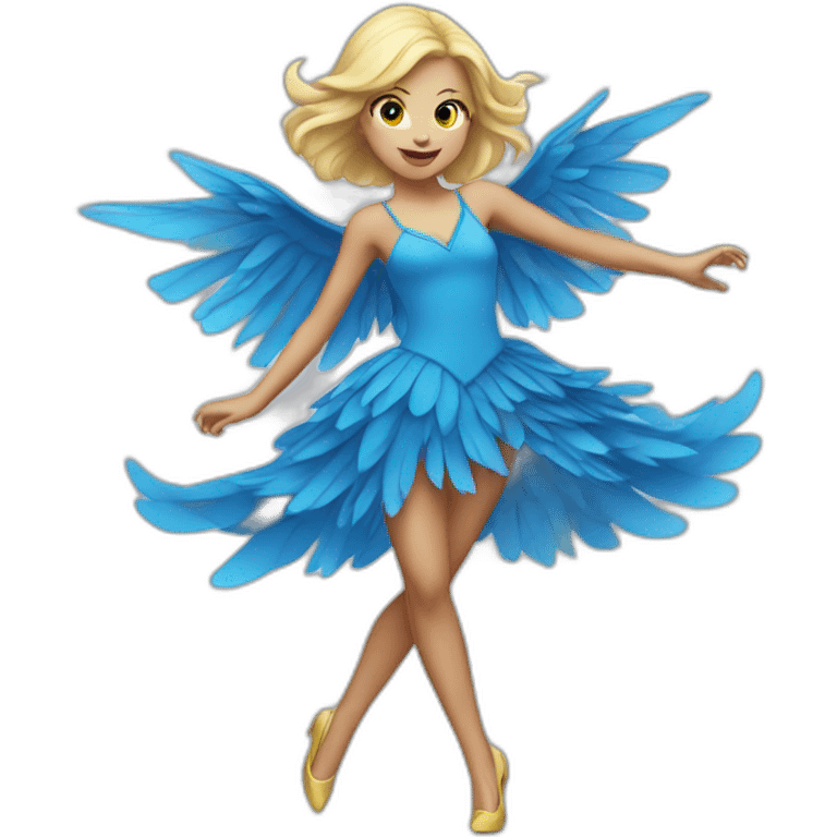 blonde girl dancing in a blue bird costume emoji