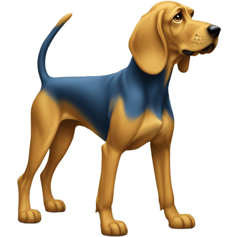 A Blue and yellow bloodhound dog standing erect on its hind legs ready to box. emoji